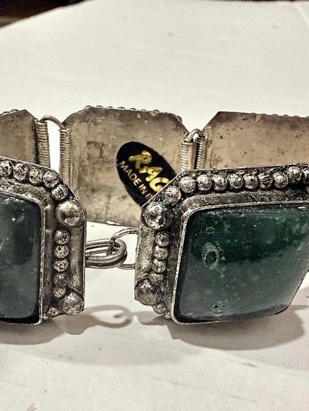 Saga Statement Green Stone Silver-Tone Bracelet tchunky vintage bohemian panel